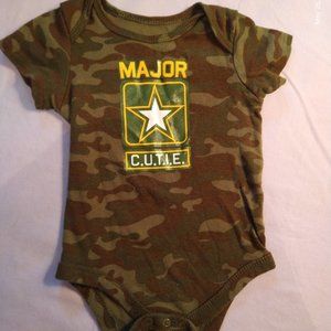 infant graphic design onesie, camouflage, 12M, 'MAJOR C.U.T.I.E.' with star